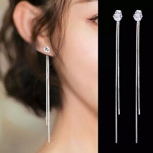1ct Diamond Long Tassel Silver Earrings NEW